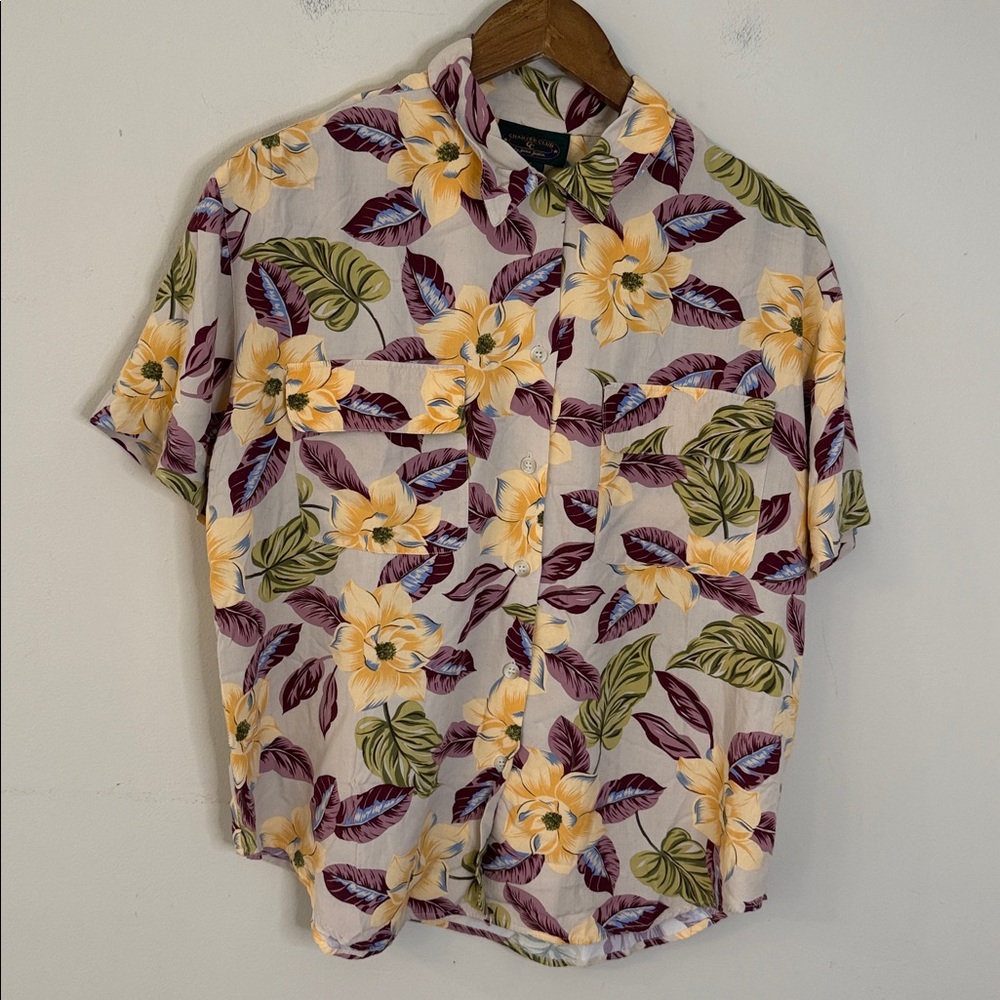 Charter Club Hawaiian tropical colorful floral button up top short sleeves SZ 16